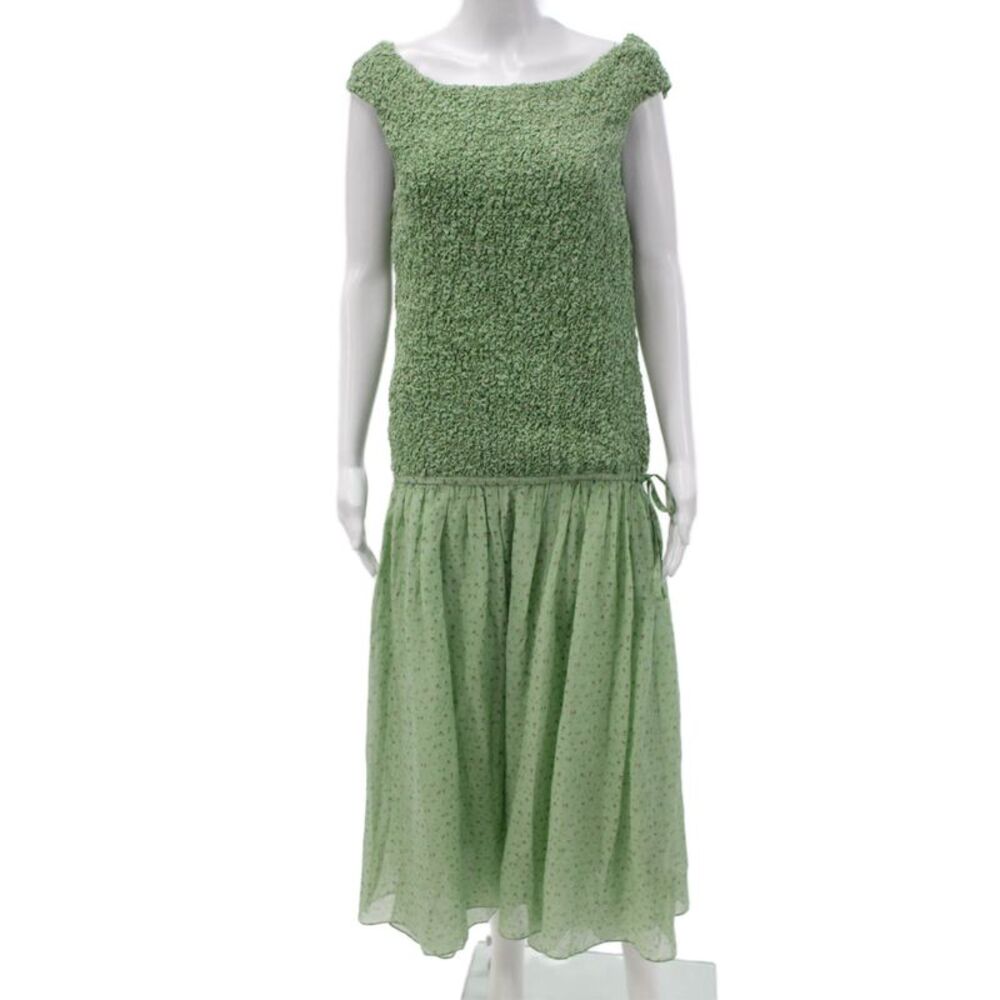 Paola Zuin Women Flapper Dress Green Silk Boat Neck Midi Sleeveless Size 40